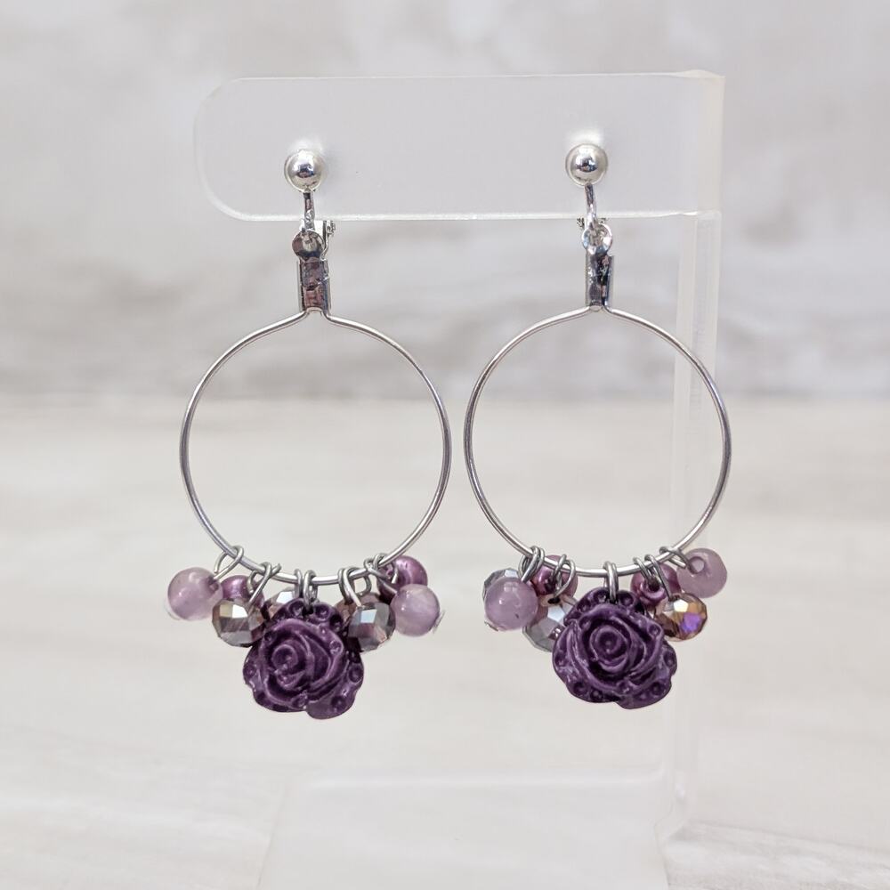 Vintage Clip On Earrings - 2 & 3/8" Silver Tone & Purple Long Dangle Statement